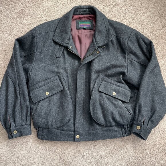 Hunting Horn Bomber Jacket Mens Large Gray Wool Blend Vintage Military Coat Fly - Picture 1 of 10